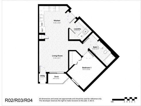 Floor plan for 1 bed, 1 bath, 652 sqft